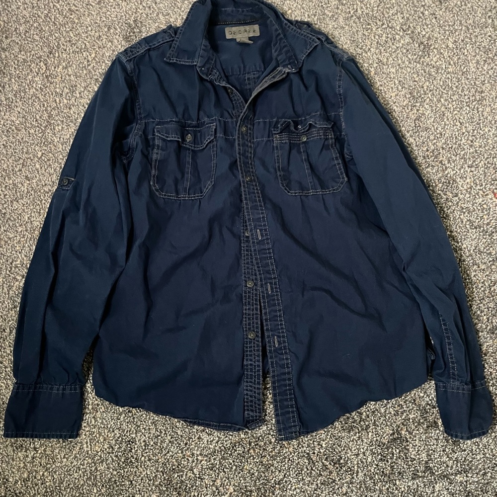 Decree Men's Dark Blue Contrast Stitch Pockets Long Sleeve Shirt